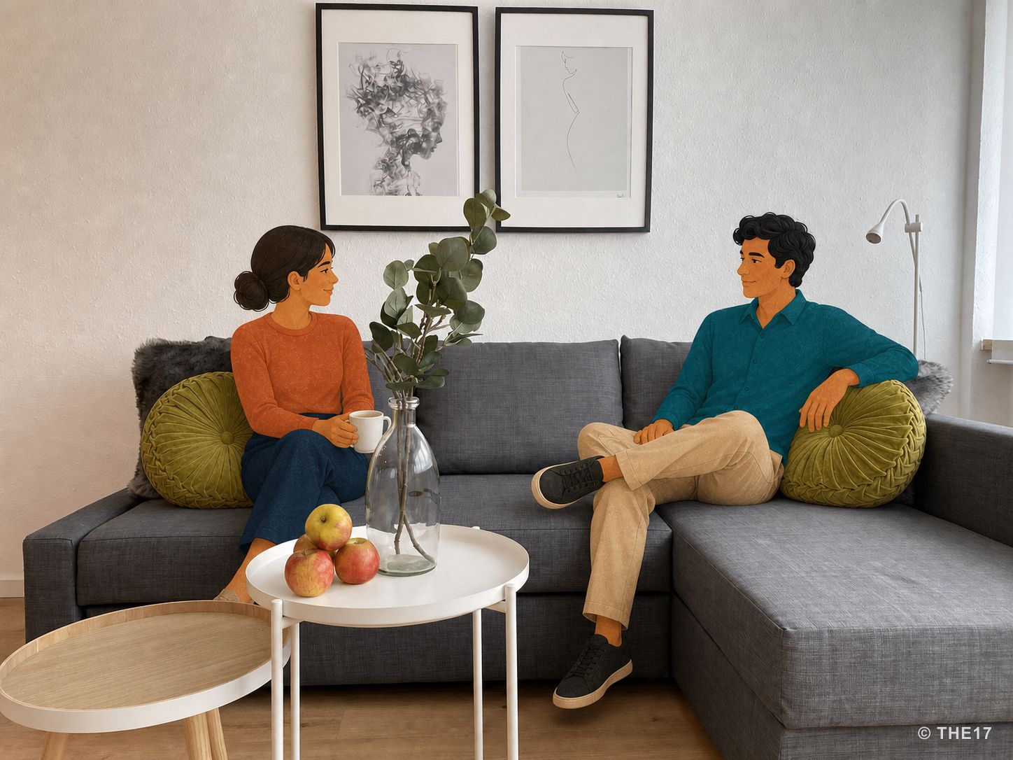 Zwei Personen sitzen auf grauem Ecksofa mit grünen Kissen, runder Holztisch mit Äpfeln und Vase, minimalistische Wandkunst.