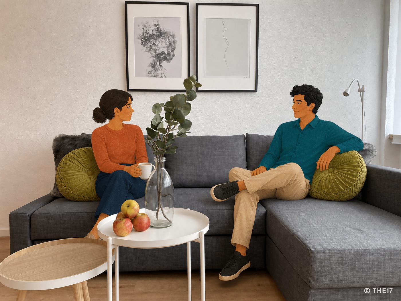Zwei Personen sitzen auf grauem Ecksofa mit grünen Kissen, runder Holztisch mit Äpfeln und Vase, minimalistische Wandkunst.